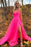 A-line V Neck Hot Pink Prom Dress With Slit OKZ7