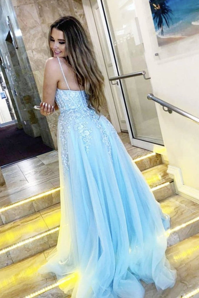 A-line V Neck Light Blue Lace Appliques Long Prom Dress Spaghetti Straps Formal Evening Dress OKY11