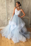 A Line V Neck Light Blue Long Prom Dresses with Lace Appliques, Formal Evening Dresses OK1666