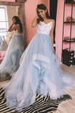 A Line V Neck Light Blue Long Prom Dresses with Lace Appliques, Formal Evening Dresses OK1666