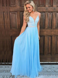 A-line V Neck Light Blue Beaded Prom Dress Long Formal Evening Dress OKX15