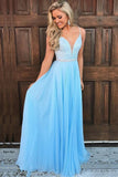 A-line V Neck Light Blue Beaded Prom Dress Long Formal Evening Dress OKX15