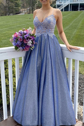 A-line Spaghetti Straps Blue Lace Top Prom Dress OKZ5