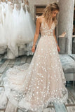 A Line V Neck Lace Floral Long Prom Dresses Elegant Straps Wedding Dresses OK1733