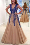 Elegant A-line V Neck Tulle Long Prom Dress With Pearls OKV44