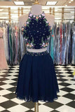 2 Pieces Dark Navy Scoop Floral Elegant Short Prom Dresses,Homecoming Dress OKD46