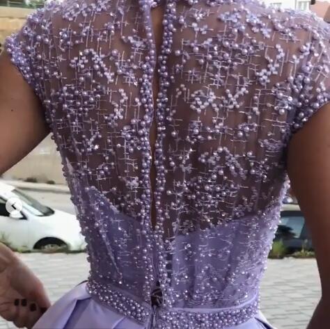 Light Purple A-Line Satin Slit Cap Sleeves Prom Dress With Pockets OKE52