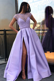 Light Purple A-Line Satin Slit Cap Sleeves Prom Dress With Pockets OKE52