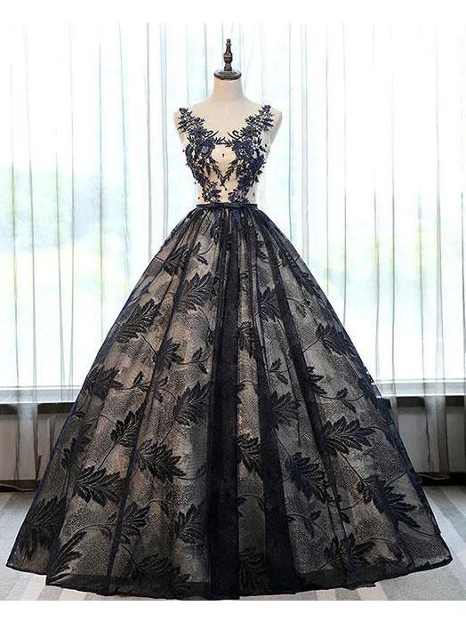New Ball Gown Black Lace Long Prom Dresses With Appliques OK897