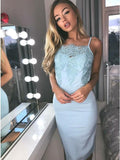 Unique Tight Spaghetti Light Blue Knee Length Graduation Dress with Lace Appliques OK1545