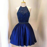 Royal Blue A Line Taffeta Beaded Bodice Halter High Neck Homecoming Dress OK371