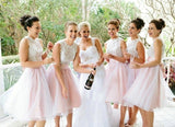 A-Line Light Pink Tulle Knee Length Bridesmaid Dresses with Lace OKG64