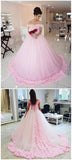 Ball Gown Off shoulder Pink Tulle Flowers Wedding Dress,Pink Quinceanera Dresses OK224