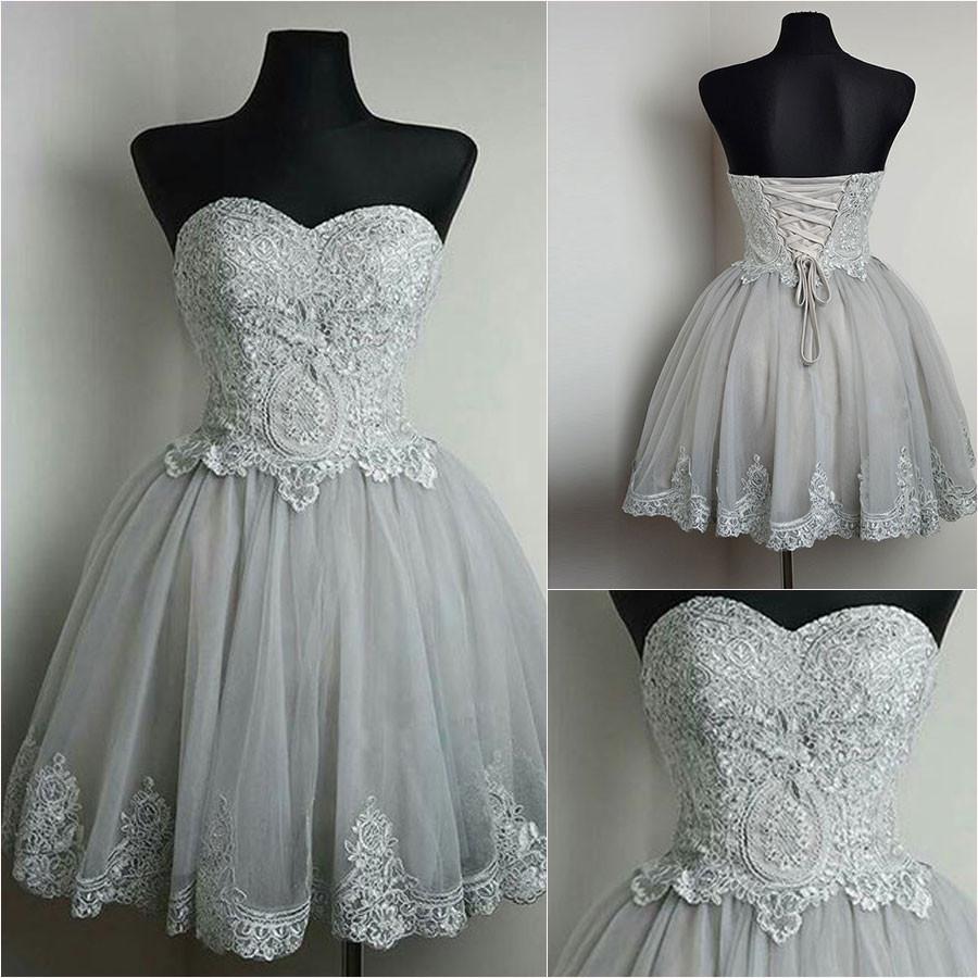 New Strapless Sweetheart Neck Grey Homecoming Dress Lace Appliqued Short Prom Dresses OK369