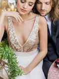 Gold Sequin Chiffon Backless Simple Beach Wedding Dress with Sash OKF2