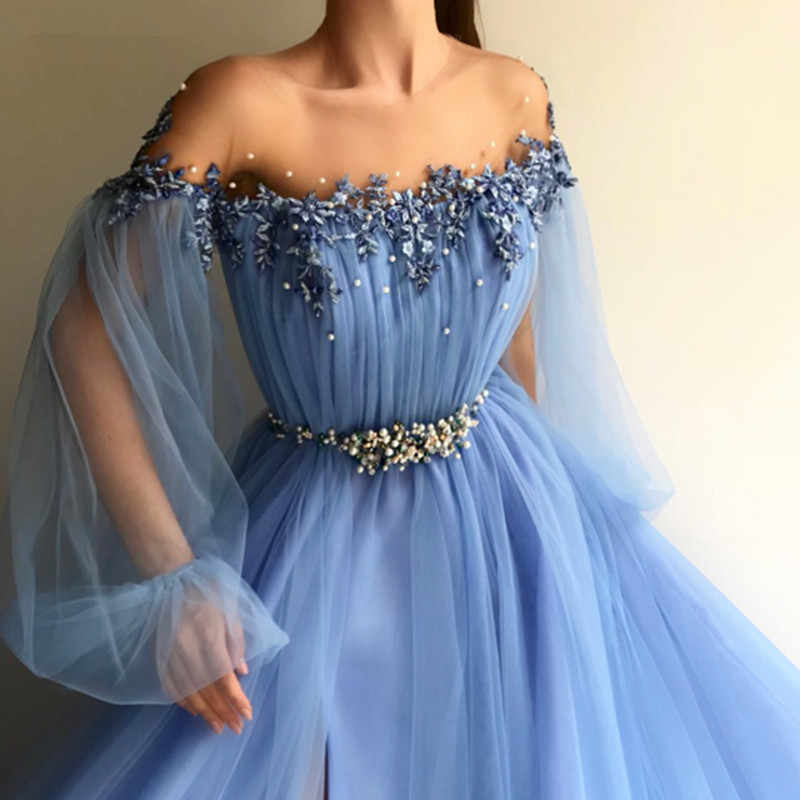 Elegant Blue Long Sleeves Off-the-Shoulder Beaded Crystal Side Slit Prom Dresses OKC78