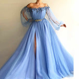 Elegant Blue Long Sleeves Off-the-Shoulder Beaded Crystal Side Slit Prom Dresses OKC78