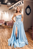 A Line Light Blue Satin One Shoulder Long Prom Dresses Simple Eveing Dresses OK1802
