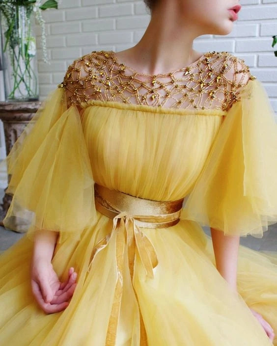 Modest Yellow Short Sleeves Long Prom Dress A-line Tulle Evening Gown OKT53