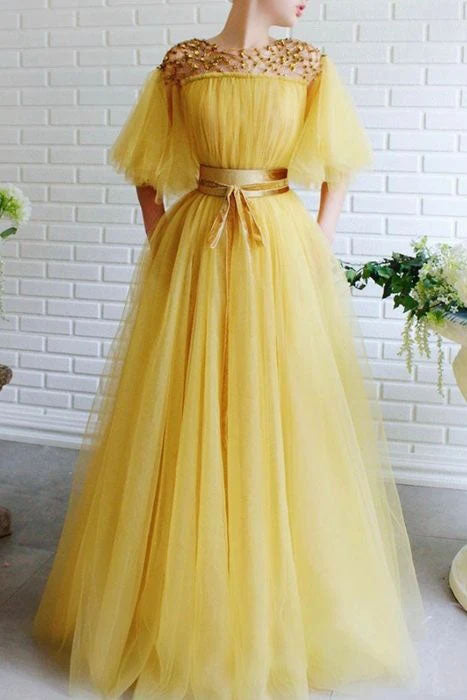 Modest Yellow Short Sleeves Long Prom Dress A-line Tulle Evening Gown OKT53