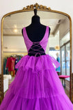 Backless Purple High Low Tired A Line Prom Dresses, Formal Evening Dresses OK1990