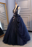 Princess Ball Gown Dark Blue Tulle Halter Prom Dress Deep V Neck Backless Evening Dresses OKI90