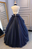 Princess Ball Gown Dark Blue Tulle Halter Prom Dress Deep V Neck Backless Evening Dresses OKI90