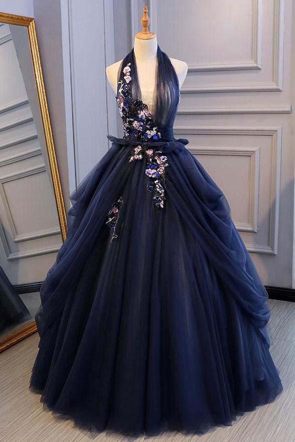 Princess Ball Gown Dark Blue Tulle Halter Prom Dress Deep V Neck Backless Evening Dresses OKI90