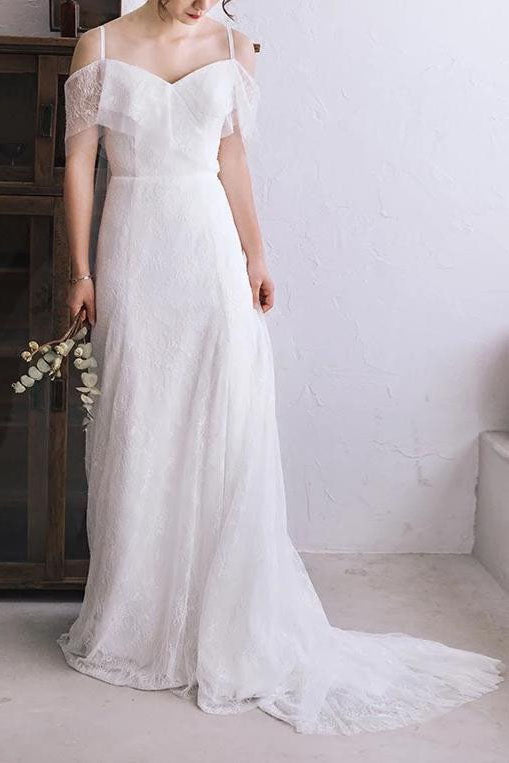 Spaghetti Straps Lace A Line Boho Beach Wedding Dresses Simple Bridal Gown OKH82