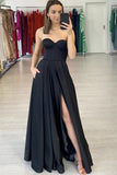 Black Satin Sweetheart A Line Long Prom Dress High Slit Strapless Black Evening Dress OK1032