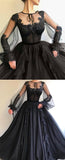 Black Long A-line Tulle Prom Dresses, Long Sleeves Modest Evening Gown OKG82