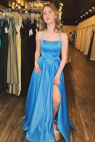 Blue Satin A-line Spaghetti Straps Long Prom Dress With Slit, Formal Evening Dress OK2008