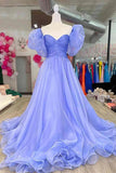 Blue Tulle A-line Princess Puff Sleeves Pleated Sweetheart Prom Dresses, Formal Evening Gown OK2007