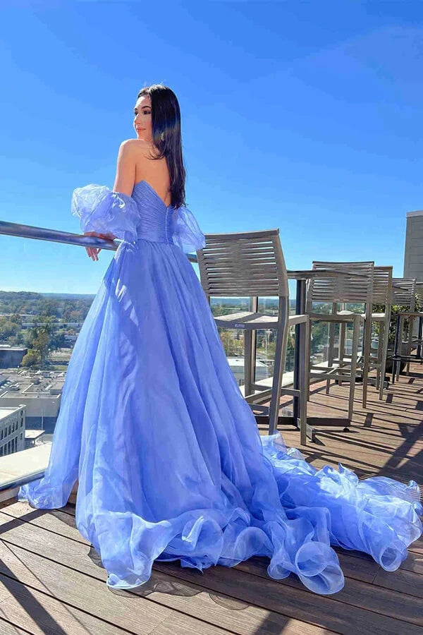 Blue Tulle A-line Princess Puff Sleeves Pleated Sweetheart Prom Dresses, Formal Evening Gown OK2007