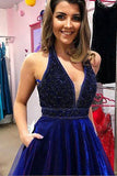 Royal Blue Beaded V Neck Long Prom Dress A Line Formal Evening Dress OKZ29