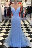 Blue Dazzling Beading Sheath Prom Dress Elegant Long Formal Graduation Dress OKX34