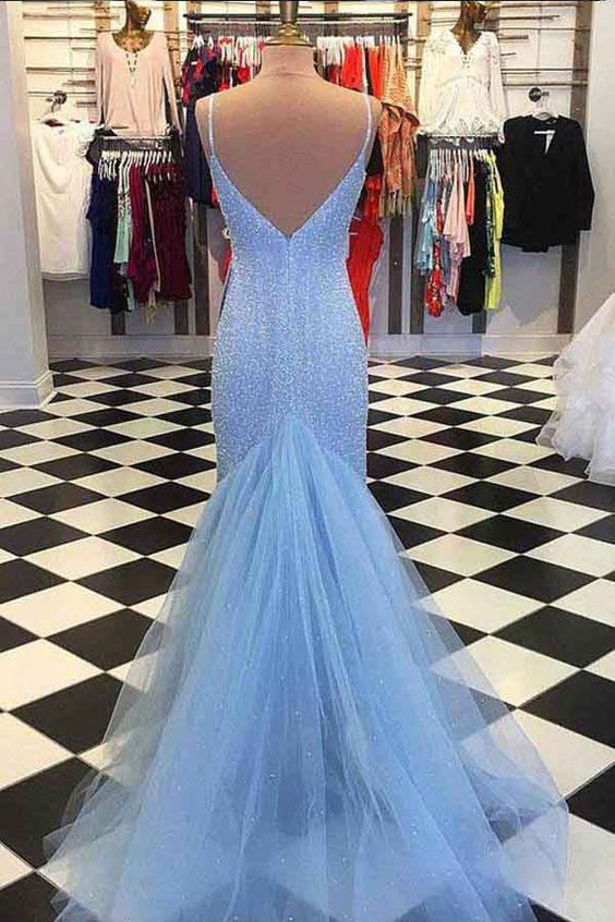 Blue Dazzling Beading Sheath Prom Dress Elegant Long Formal Graduation Dress OKX34