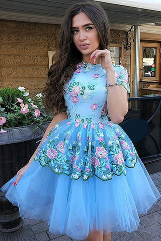 Blue Floral Prints Tulle Short Sleeves A Line Chic Homecoming Dresses OKE9