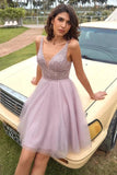 Blush Pink Sequins A-line Knee Length Homecoming Dress, Short Prom Dresses OK1775