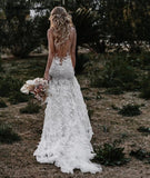 Mermaid Deep V Neck Backless Wedding Dress Tulle Bridal Gown Appliqued Lace OKV55