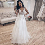 V-neck Appliques Illusion Long Bride Dress A-line Tulle Backless Beach Wedding Gowns OKW11