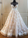 Charming Lace Long A Line Prom Dress, Long Wedding Dresses With Cap Sleeves OKE92