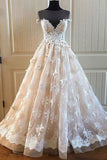 Charming Lace Long A Line Prom Dress, Long Wedding Dresses With Cap Sleeves OKE92