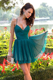 Elegant V-Neck A-line Green Short Homecoming Dresses Prom Dresses OKN35