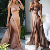 A Line Spaghetti Straps Sexy Slit Prom Dress. Cheap Long Evening Dress OKJ26