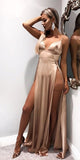 A Line Spaghetti Straps Sexy Slit Prom Dress. Cheap Long Evening Dress OKJ26