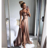 A Line Spaghetti Straps Sexy Slit Prom Dress. Cheap Long Evening Dress OKJ26