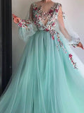 Princess Scoop Floral Appliques Long Puffy Sleeves Prom Dresses OKI31