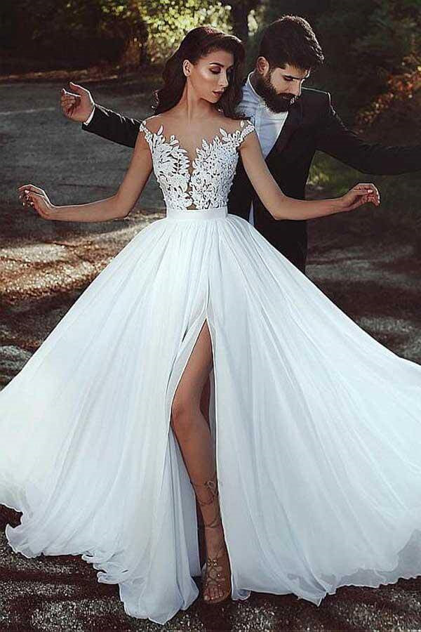 Chiffon A-line V-neck Lace Appliques Wedding Dress With Slit, Bridal Gown OK1806