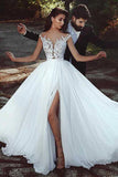 Chiffon A-line V-neck Lace Appliques Wedding Dress With Slit, Bridal Gown OK1806